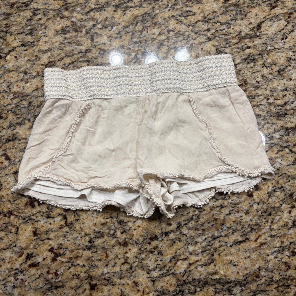 Noβ Boundaries Womens Cream Crochet Waist Pom Pom Trim Boho Shorts Large 11-13